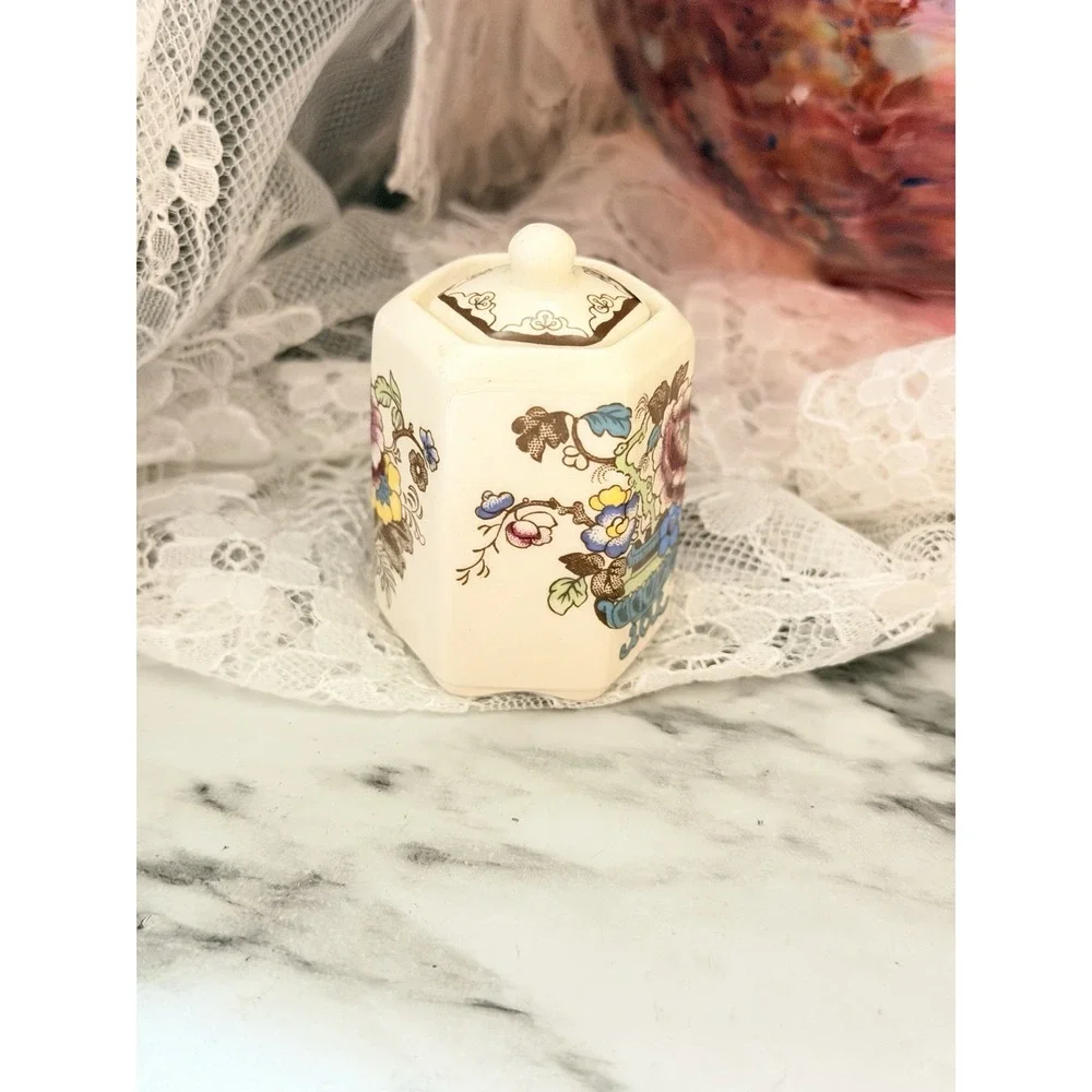 Mason's Ironstone Hexagon Flowered Trinket Box & Lid Jar Transfer Ware (A3216)